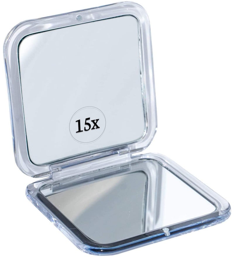 Mirrorvana Small Compact 15X Magnifying Mirror for Travel - Handheld, Foldable & Lightweight - Mini Pocket-Sized Magnified Mirror for Purse - Square 3.3â€ x 3.3â€ - Image 1